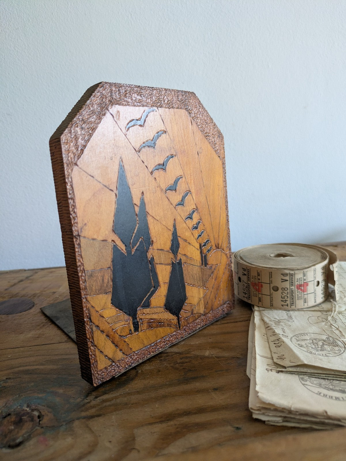 Vtg Antique Bookend x1 Folk Art Carved Single Trees Birds Sun Countryside Deco