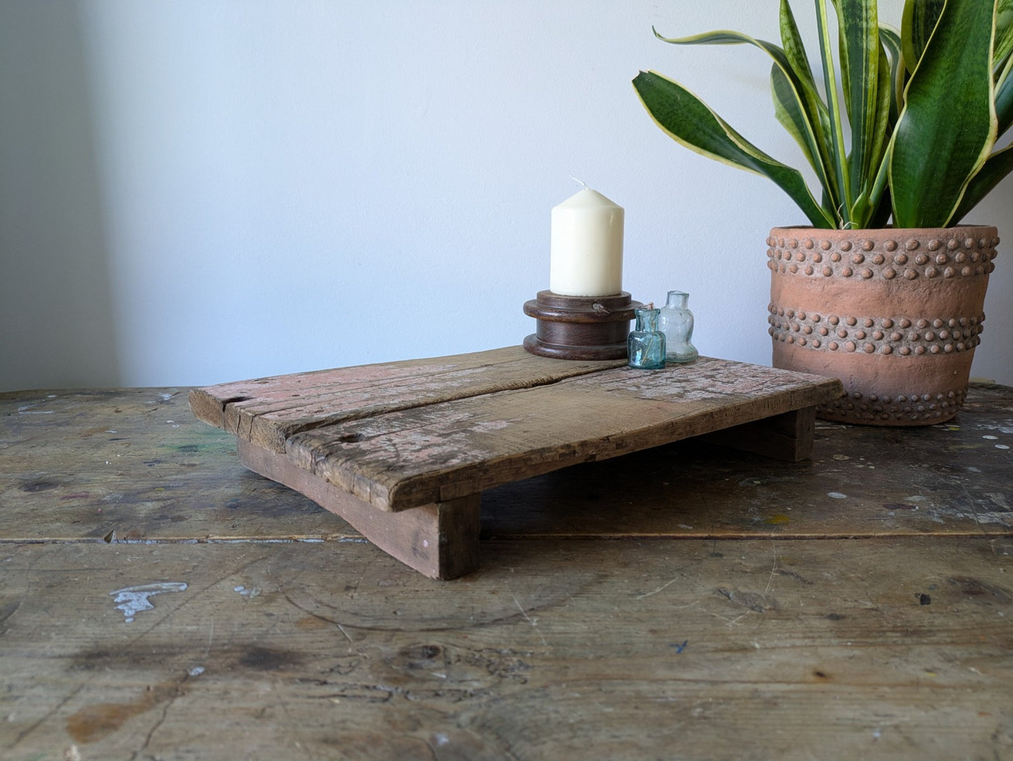 Antique Wooden Bajot Floor Sitting Stool Pink Old Hand Crafted Serving Board Vtg