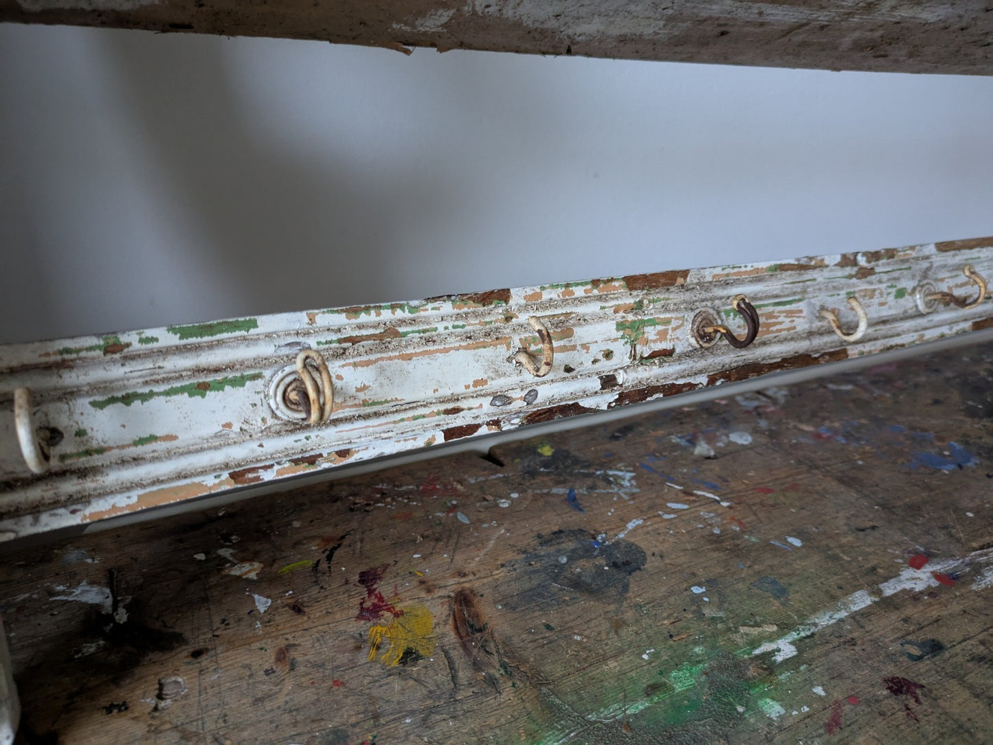 Antique 1900s Shelving Rack Wall Shelf Shelves Drawers Chippy Distressed Hooks