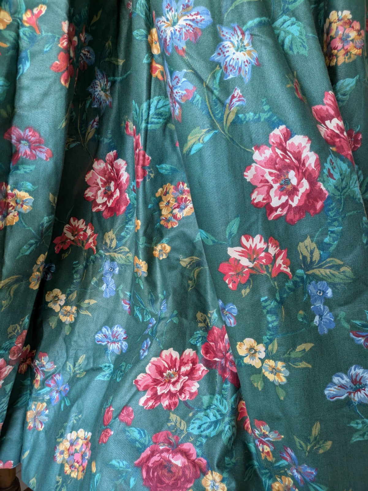 Pair Vintage Crowson Curtains Green Thermal Floral Rose English 129.5D 265cm W