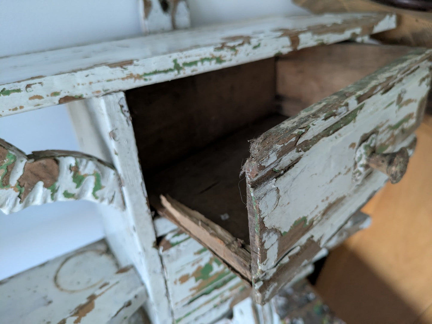 Antique 1900s Shelving Rack Wall Shelf Shelves Drawers Chippy Distressed Hooks