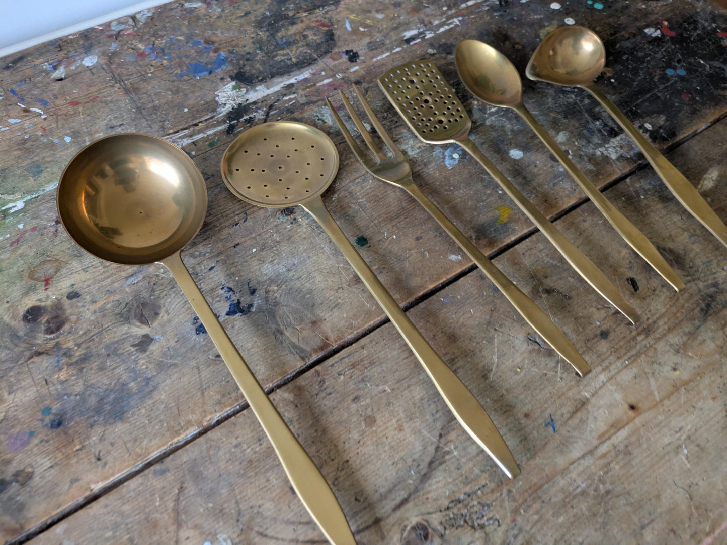 6x Vintage 1950s Heavy Solid Brass Kitchen Utensil Set Ladle Spoon Sieve Fork