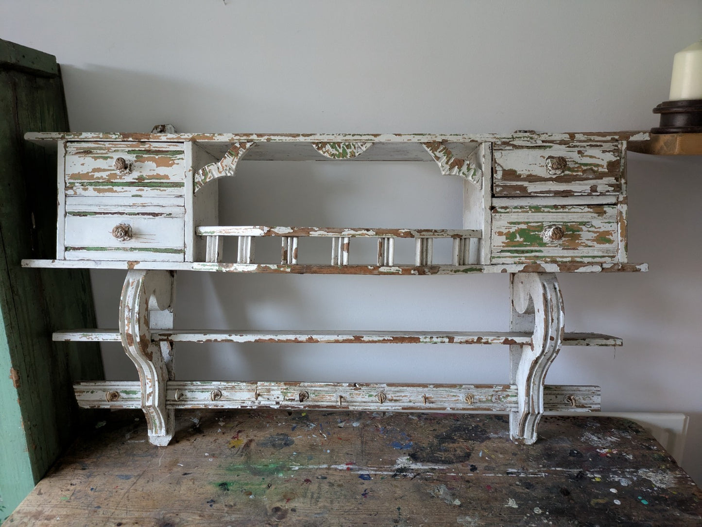 Antique 1900s Shelving Rack Wall Shelf Shelves Drawers Chippy Distressed Hooks