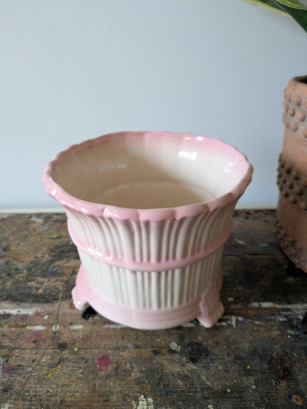 Vintage Ceramic Staffordshire planter Pink White Plant Pot Shabby Chic Kitsch