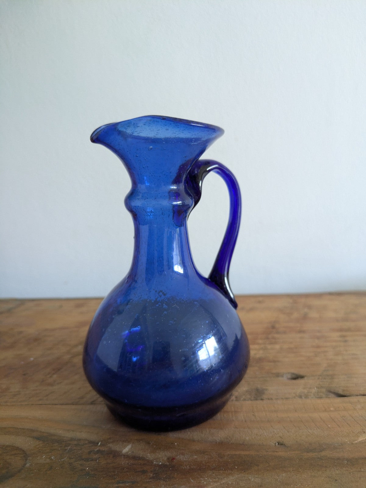 Vtg Cobalt Blue Blown Glass Pitcher Vase Cruet Applied Handle Bubble Retro Jug