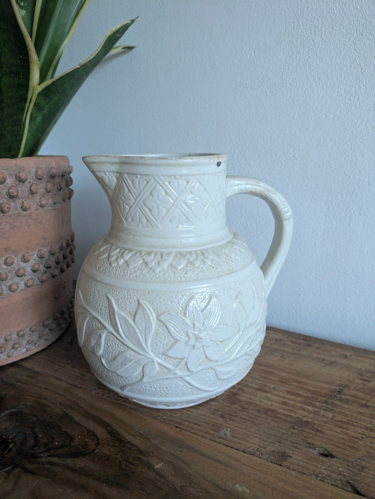 Mid 1800s Victorian Salt Glazed White Stoneware Jug Vase Antique Pitcher Floral
