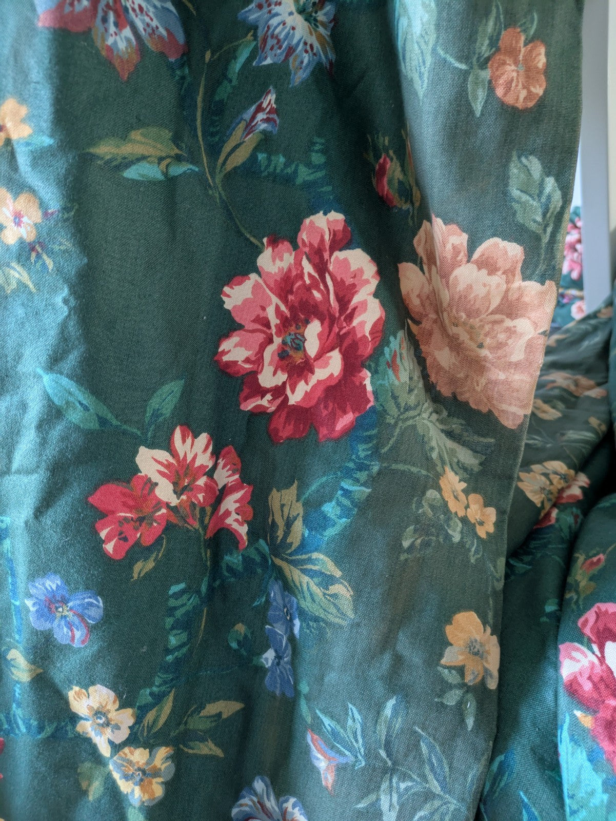 Pair Vintage Crowson Curtains Green Thermal Floral Rose English 129.5D 265cm W