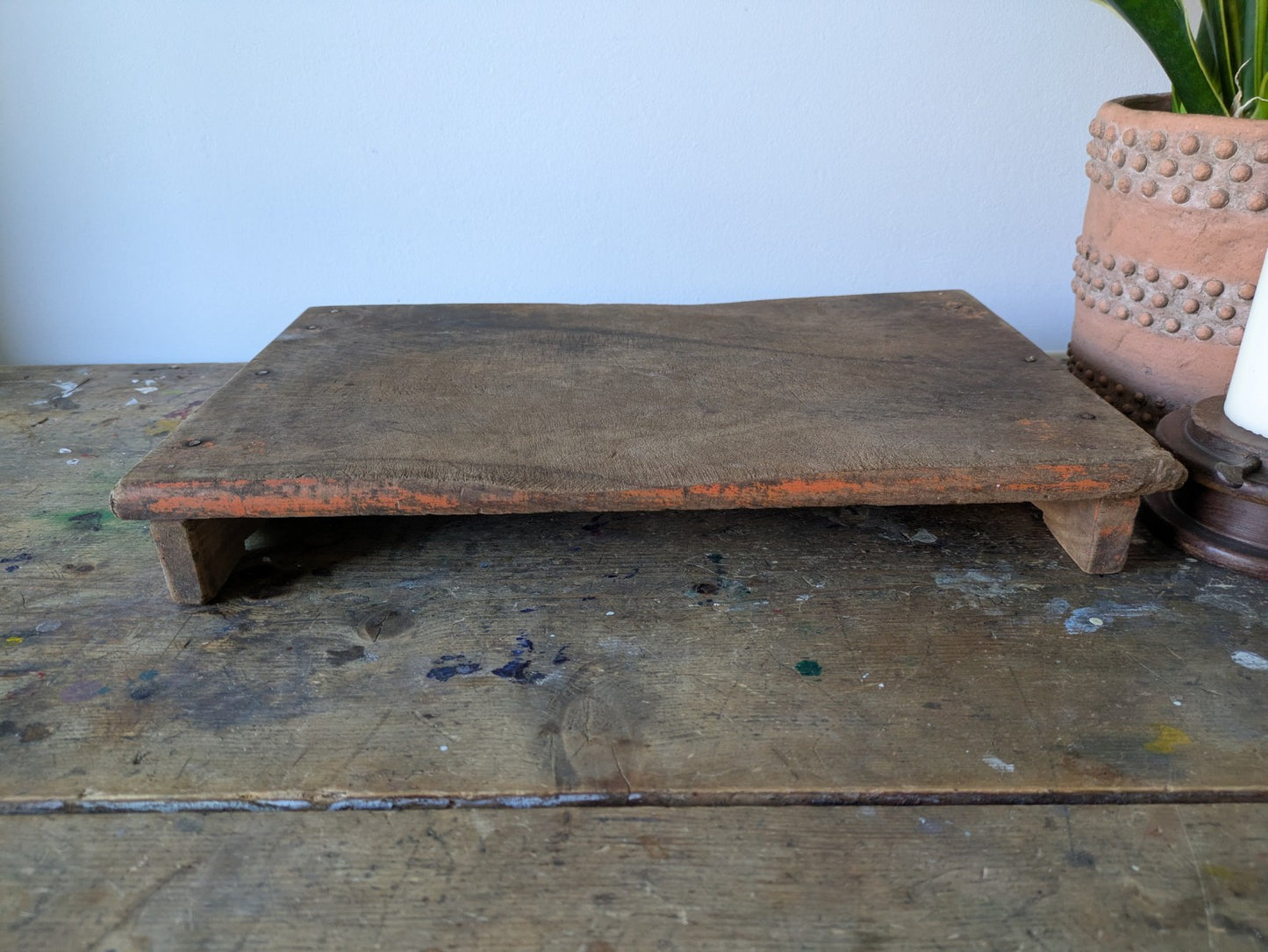 Antique Wooden Bajot Floor Sitting Stool Orange Old Hand Crafted Serving Board