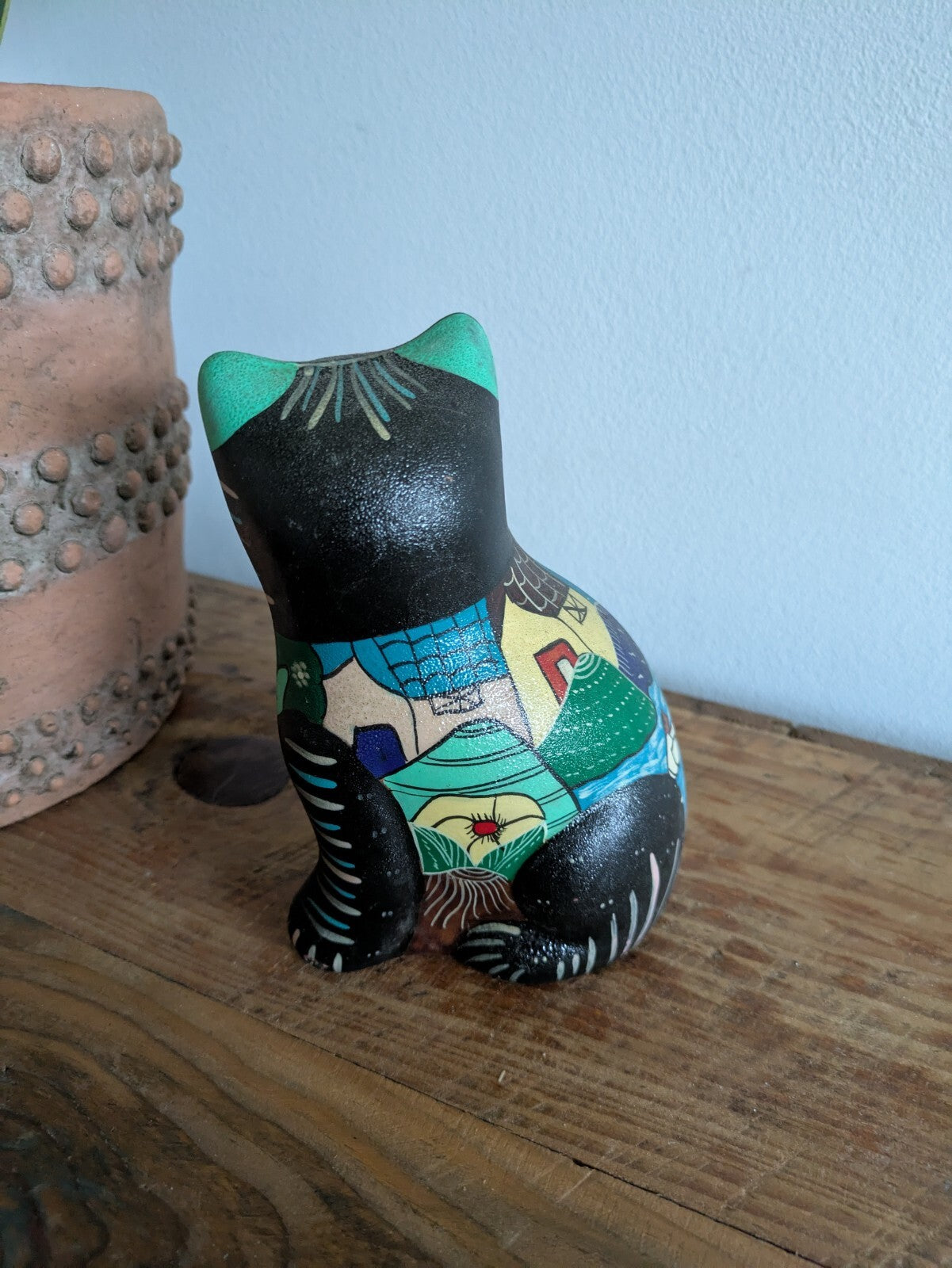 Vintage Mexican Pottery Talavera Bright Cat Figurine Folk Art Hand Painted Black
