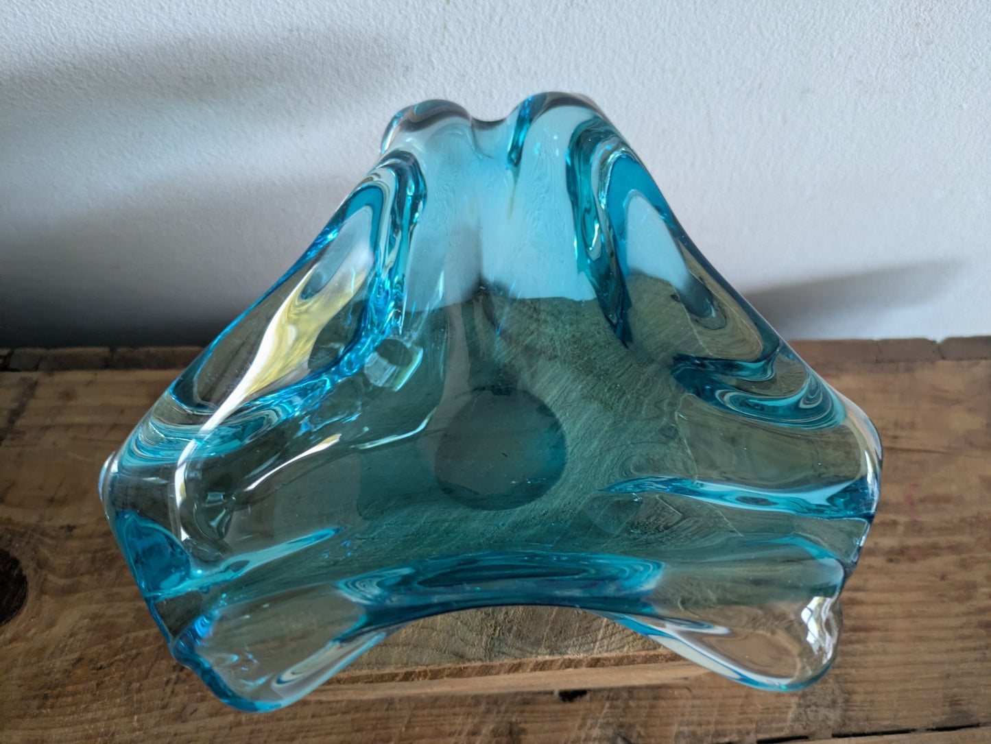 Vintage Murano Turquoise Blue Triangular Art Glass Bowl Ashtray MidCentury Retro