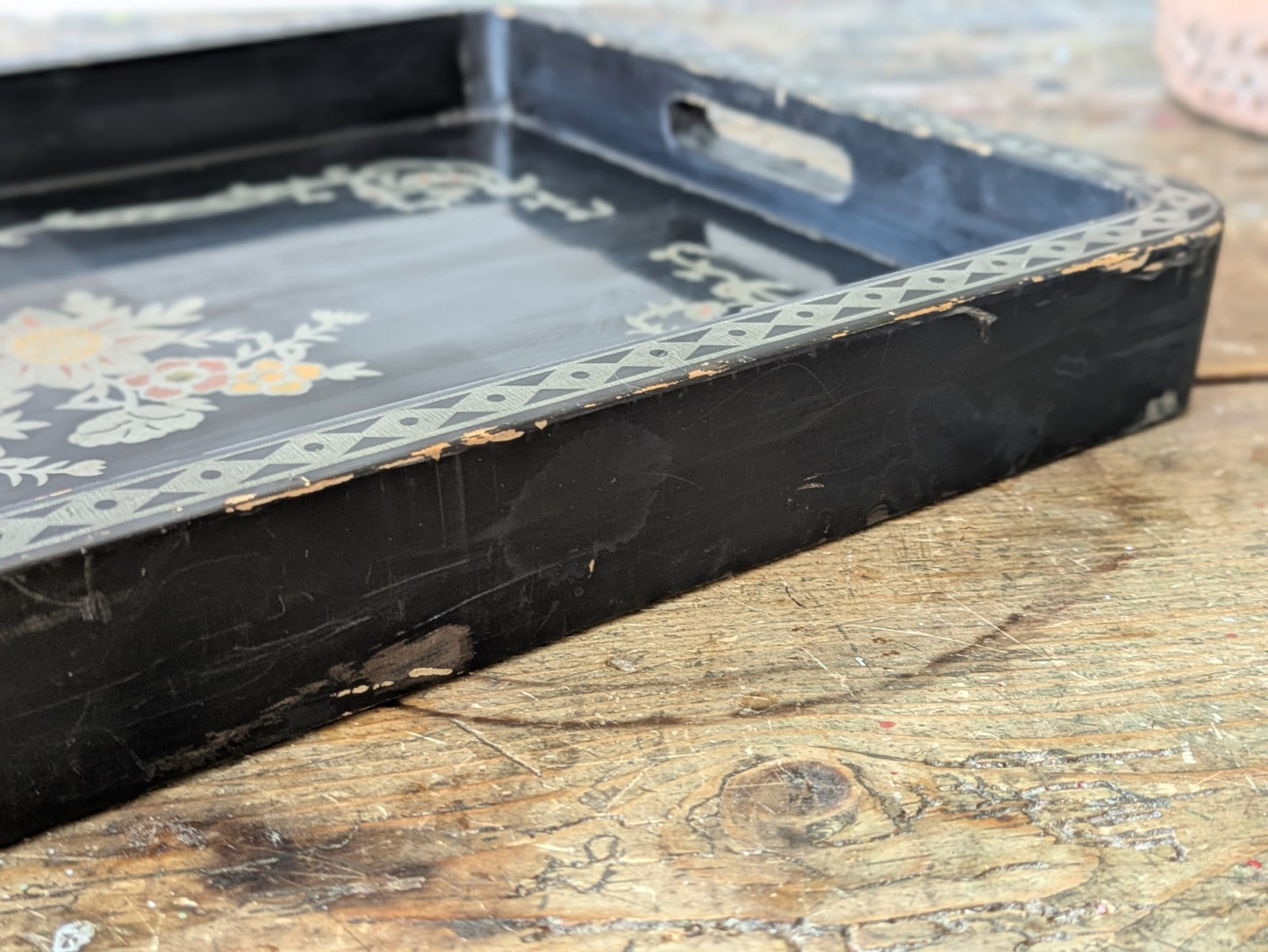Vintage Chinese Lacquered Serving Tray c. 1950 Painted Floral Black Stencil Atq