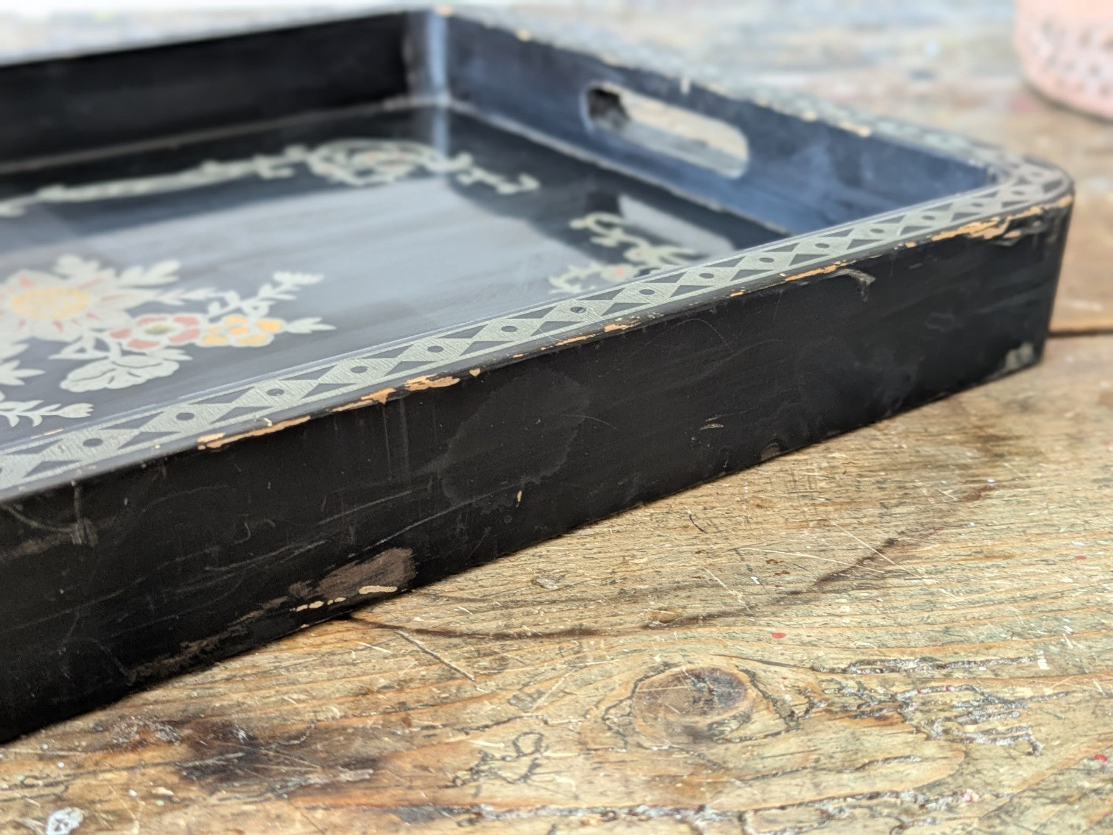 Vintage Chinese Lacquered Serving Tray c. 1950 Painted Floral Black Stencil Atq