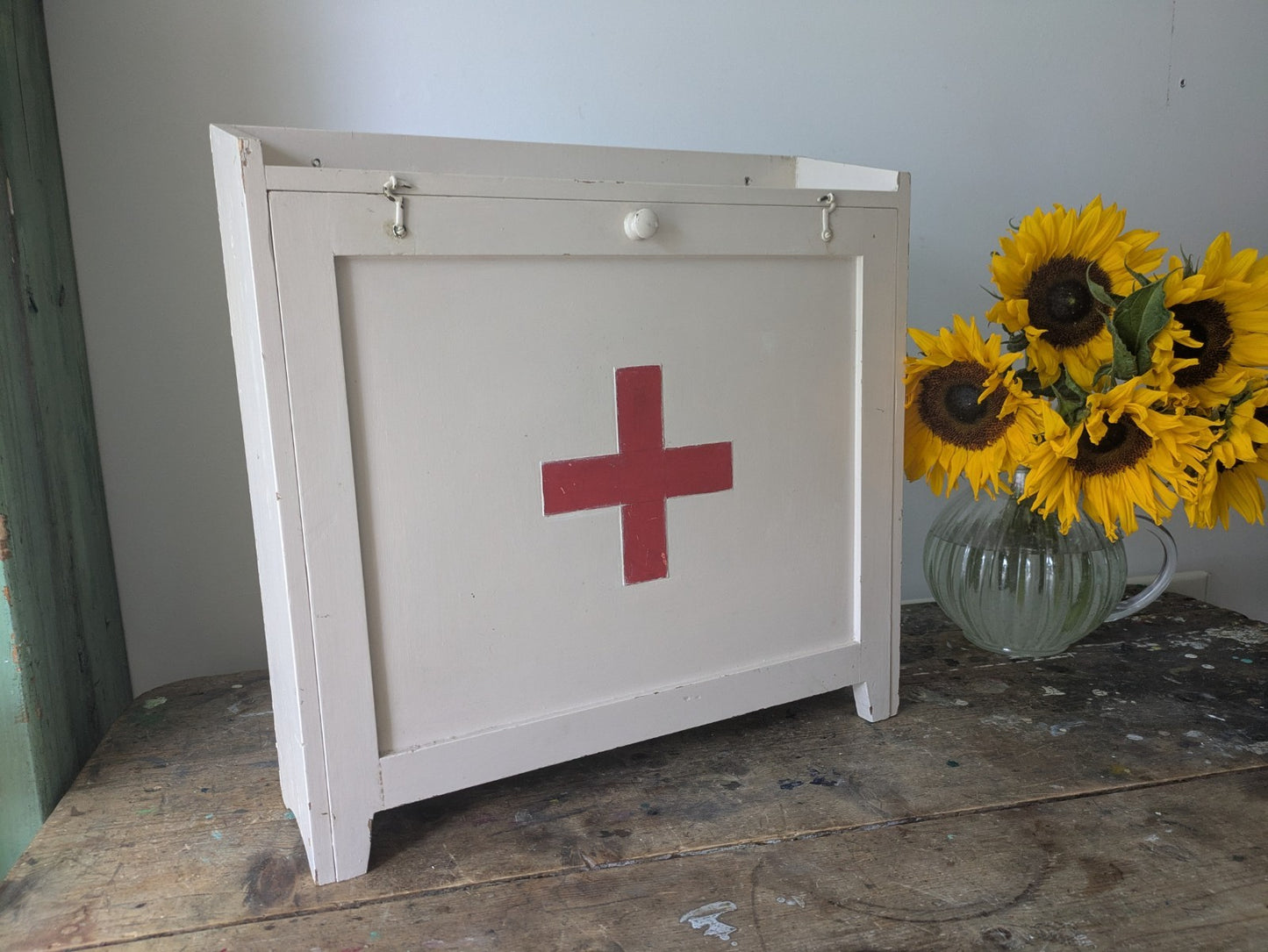 Vintage first aid medicine cabinet bathroom Wood Medical Chemist Prop Cupboard 