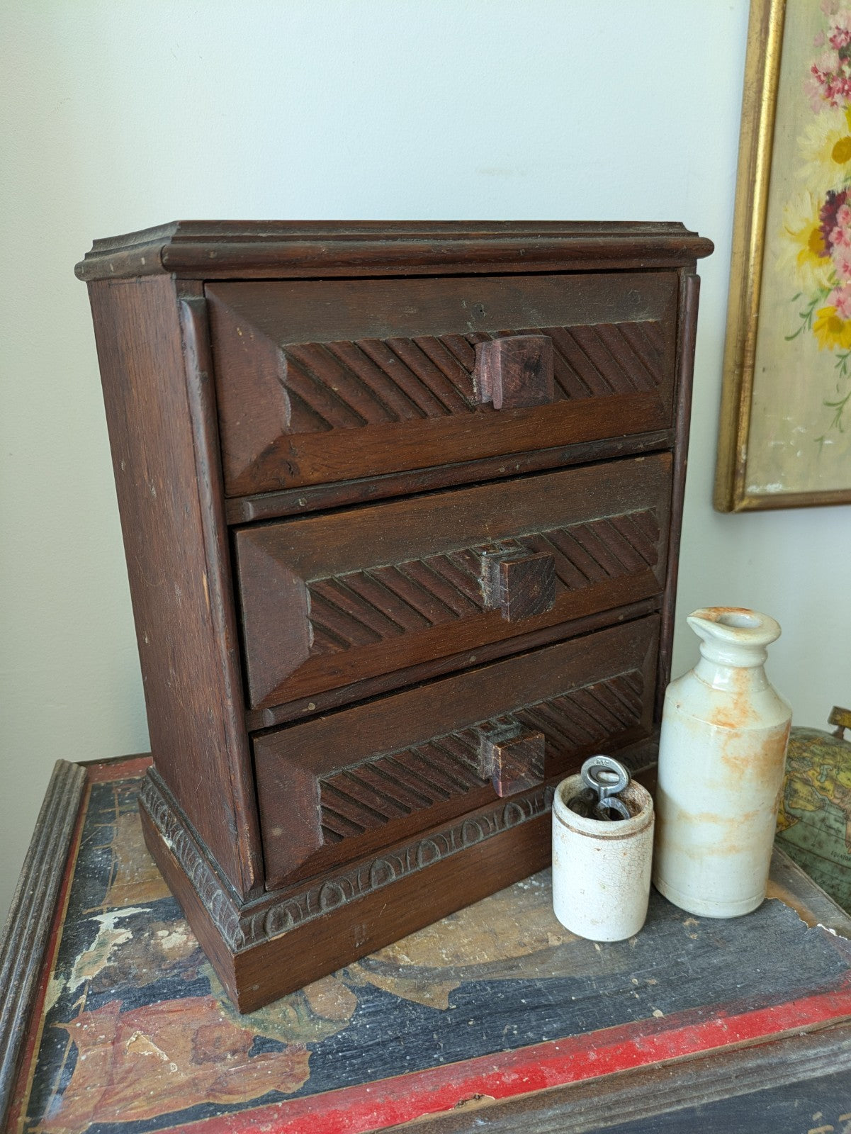 Antique 19th Century Three Drawer Table Top Drawers Carved Apprentice Art Deco 