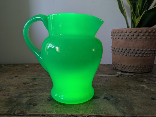 Antique Green Uranium Glass Water Jug Pitcher Jade Jadeite Art Deco Opaque Large