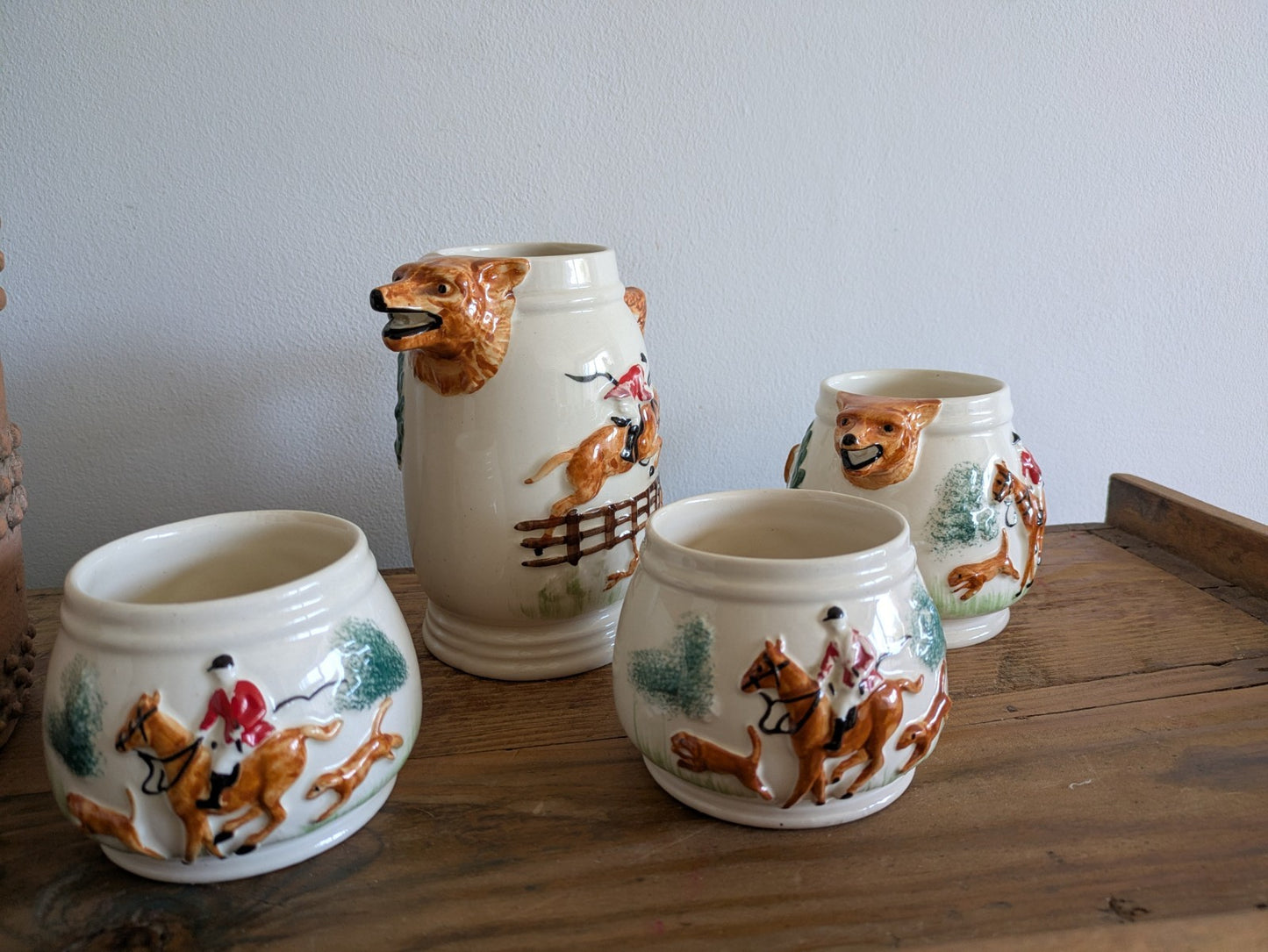 1940s Portland Pottery Cobridge PPC Staffordsre Fox Hunting 4 Piece Tea Set Jug 