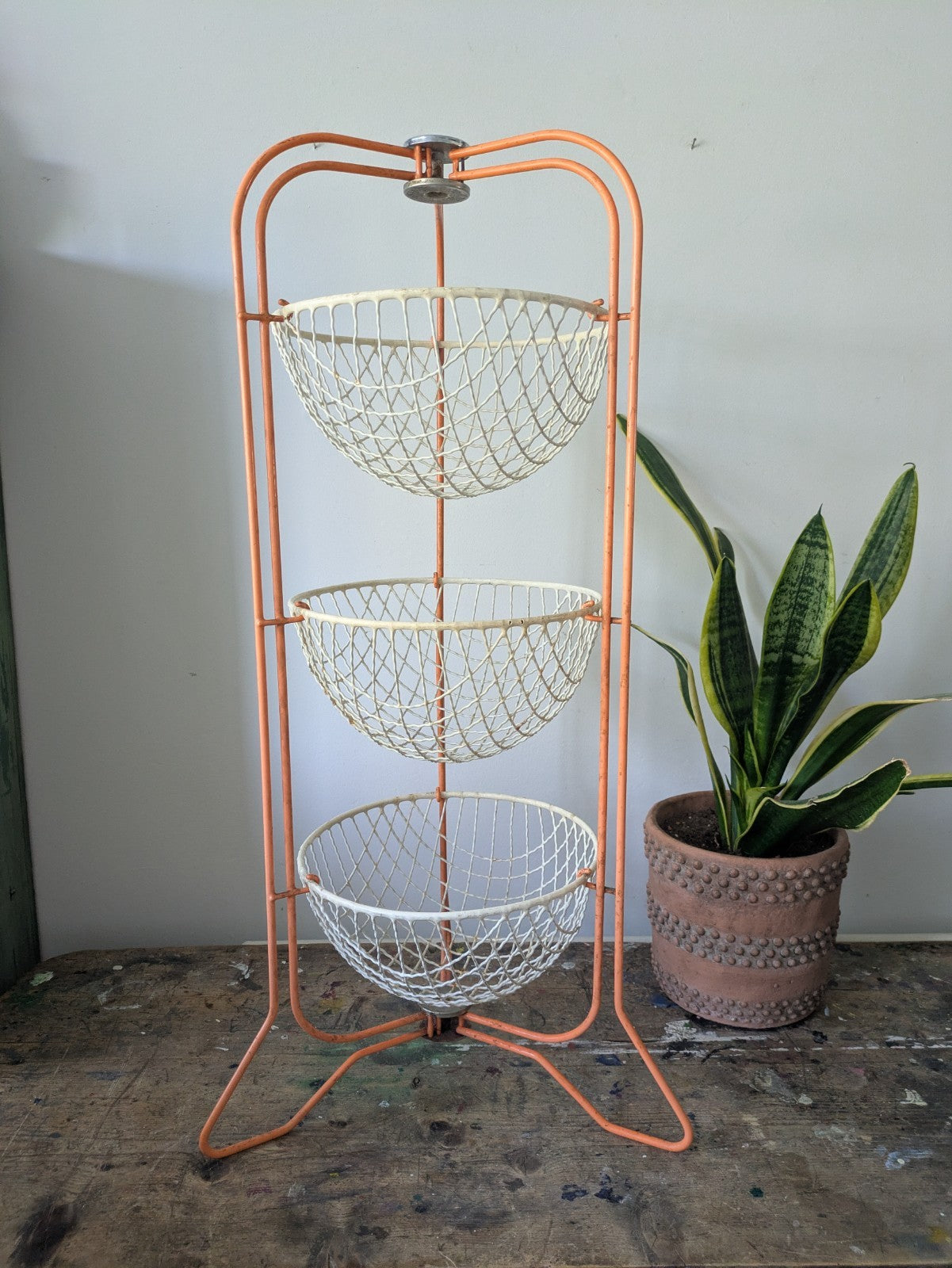 Vintage Mid Century 50 60s Prestige Veg Kitchen Rack Storage Wire Basket Orange