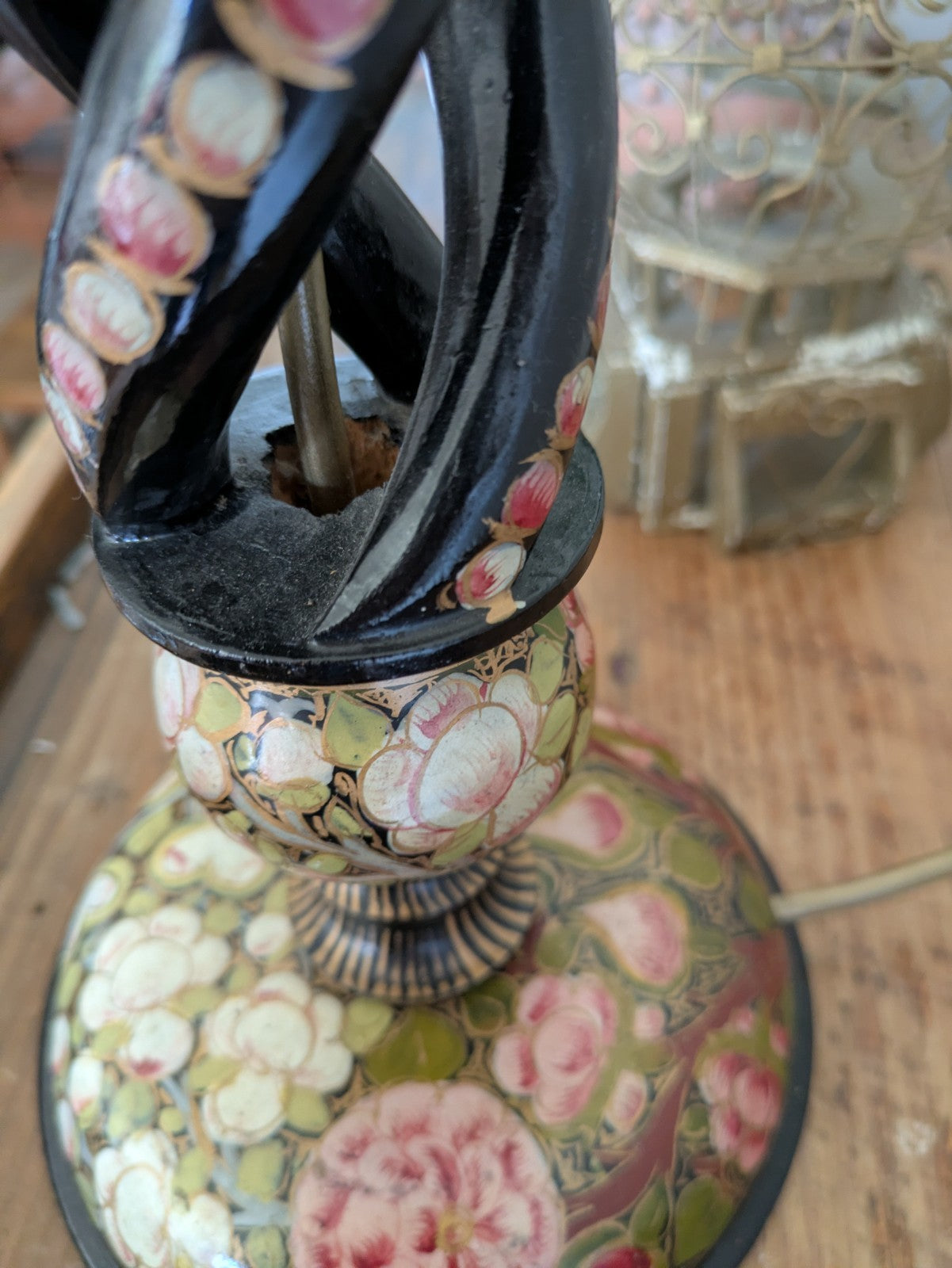 19th C Lamp Vintage Kashmiri Indian Lacquer Papier Mache Gilded Flower Cloisonne