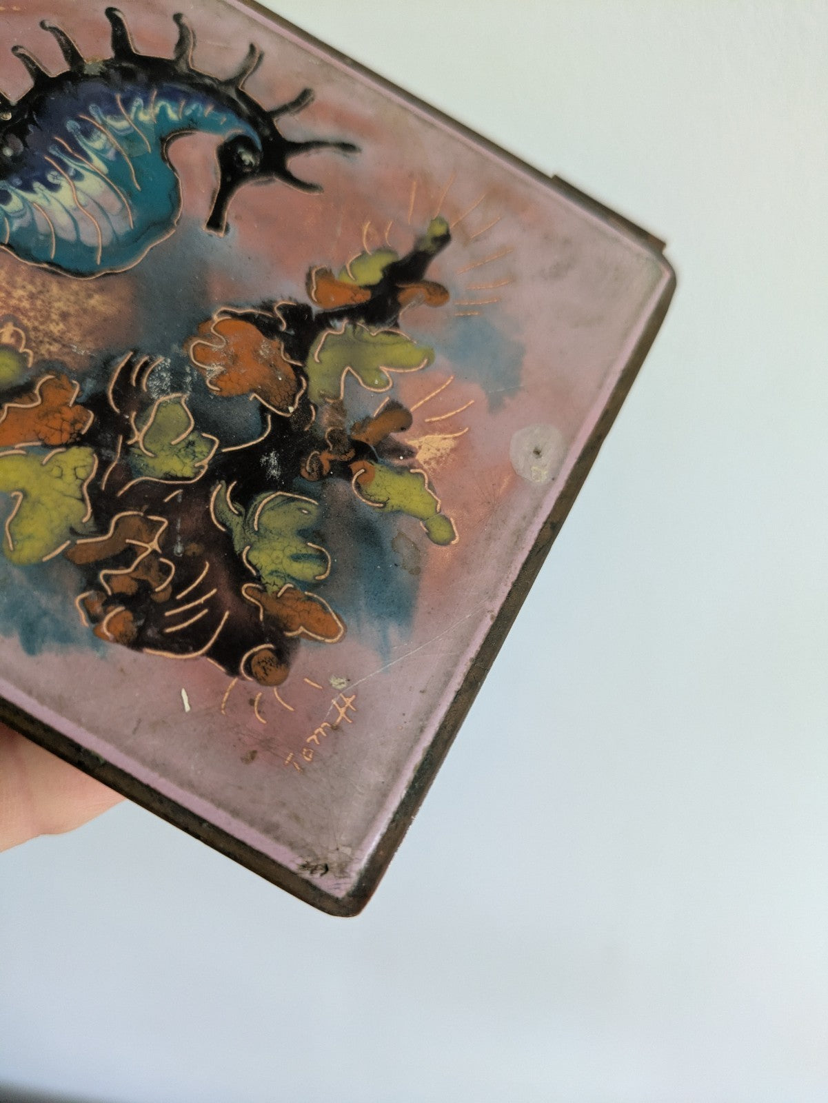 Vintage Seahorse Enamelled Mid-Century Copper Trinket Box Pink Signed Retro Vgc