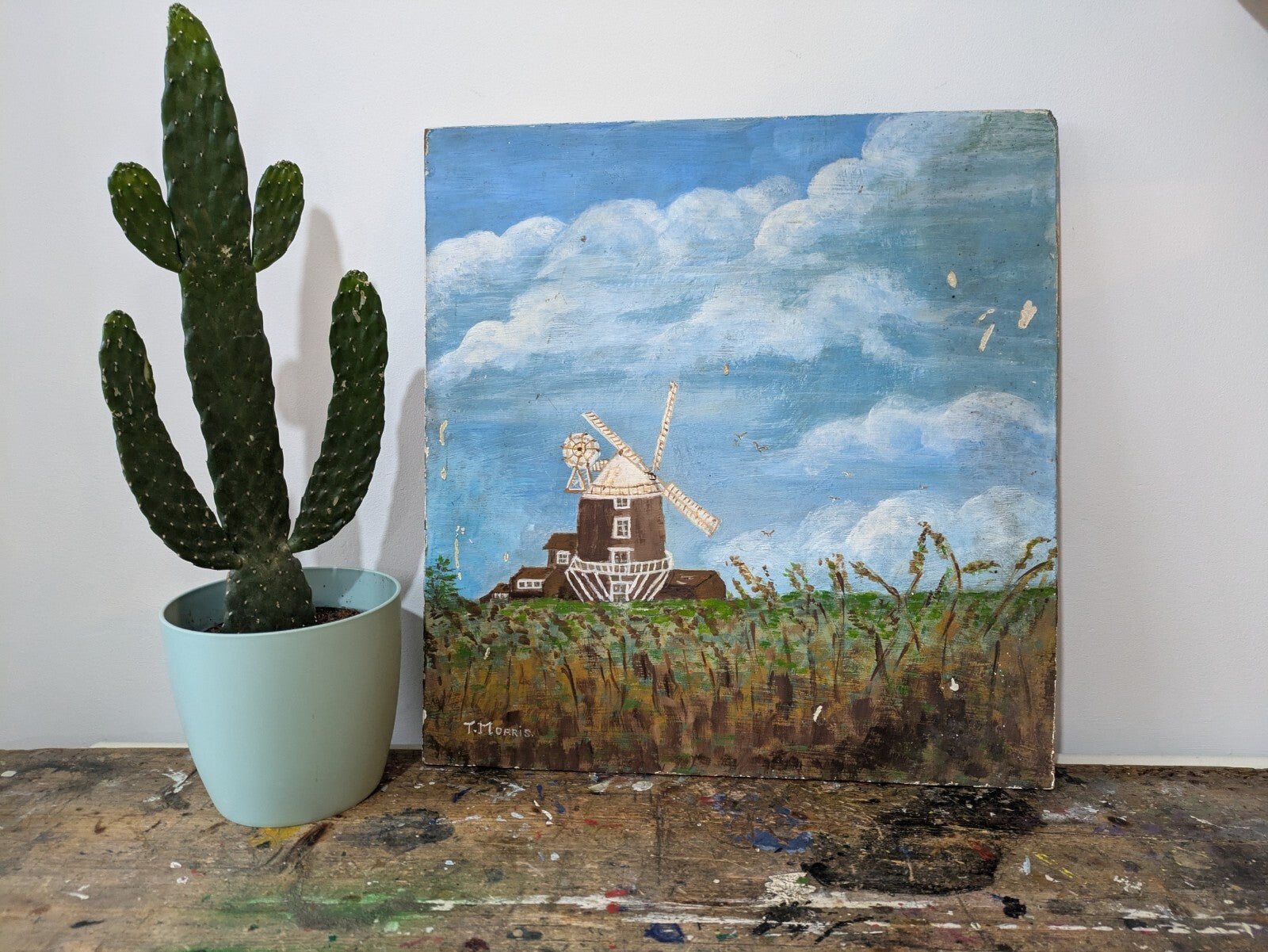 Vtg Painting T Morris Farm Windmill Oil On Board Country Picture Landscape