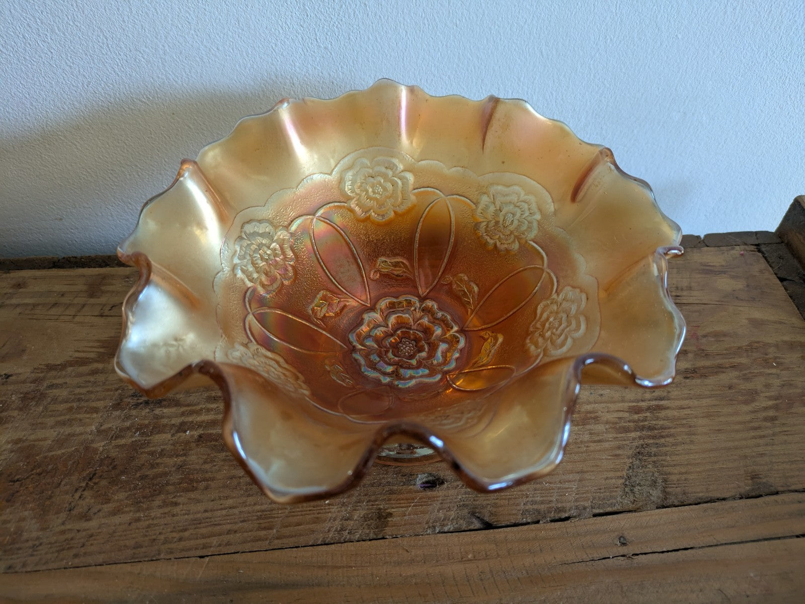 Carnival Glass Bowl Dugan Double Stem Rose Marigold/Peach Opal Iridescent C1917