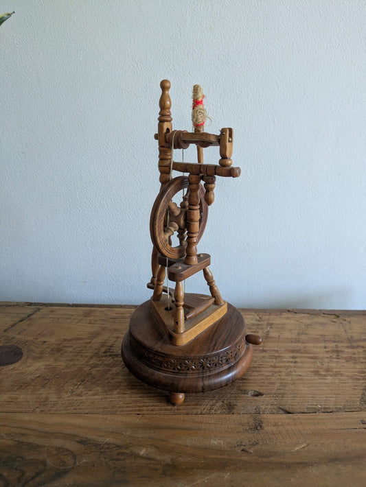 Vintage Hand Crafted Miniature Wooden Spinning Wheel Musical Ornament Prop Old 
