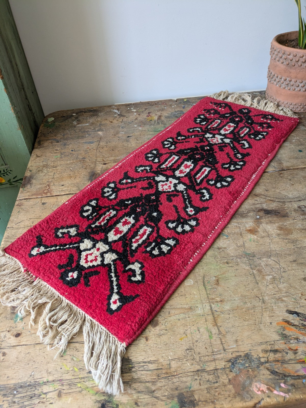 Vintage Fireside Small Rug Runner Geometric Ethnic Red Woven Vgc Tassels Bedside