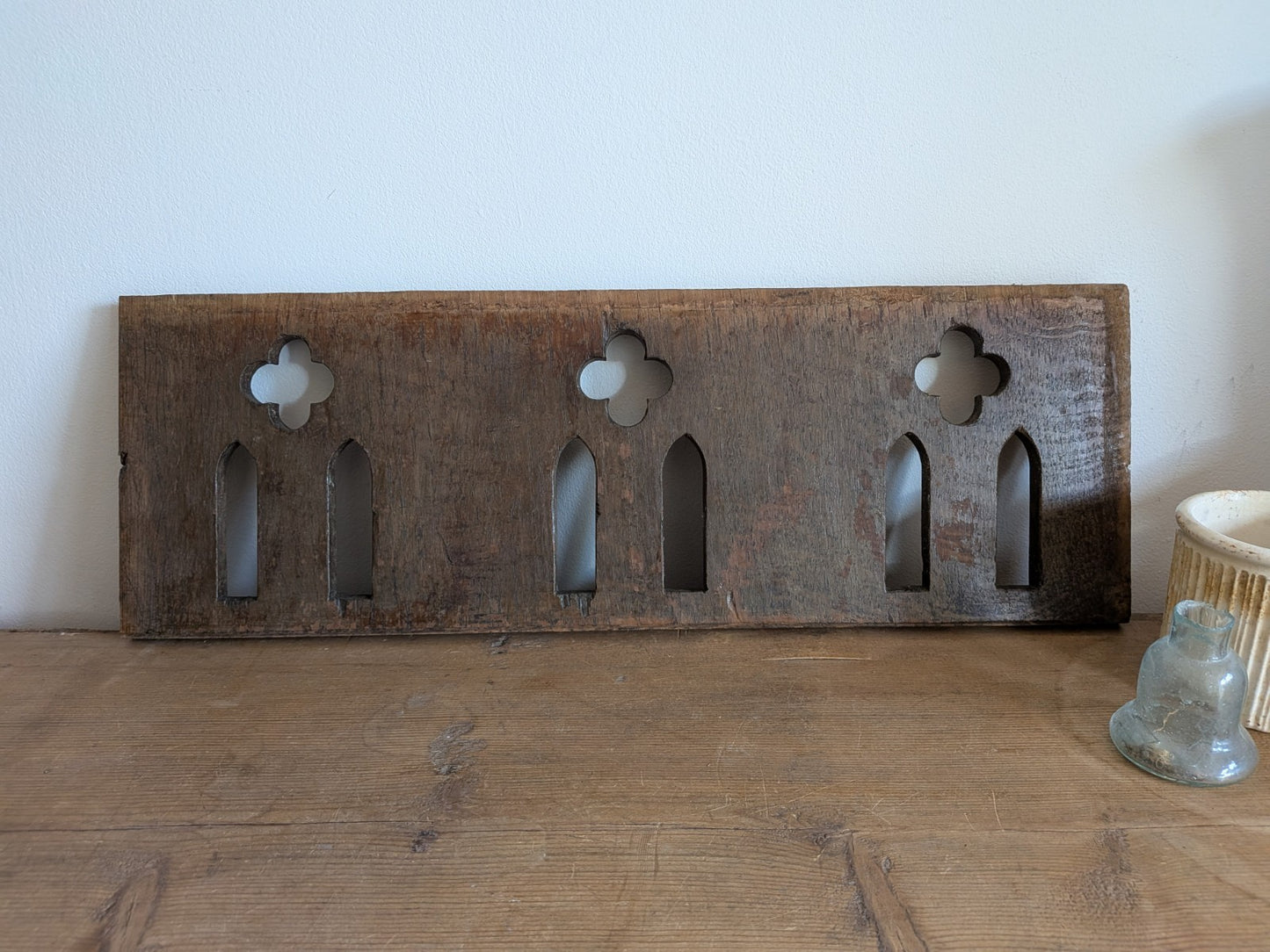 Antique Gothic Revival Panel Solid Oak Wood Salvage Lecturn Piece Clover Arch