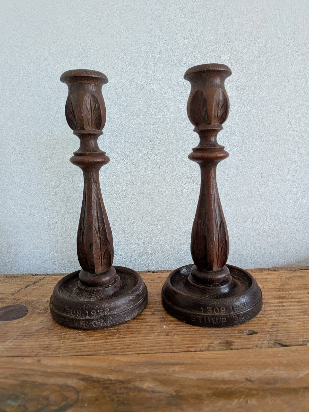 Vintage Antique Stump Oak Candlestick Holders Pair Hand Carved Candle 1930s Deco