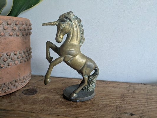 Vintage Solid Cast Brass Rearing Unicorn Statue Figurine Horse Ornament Figurine