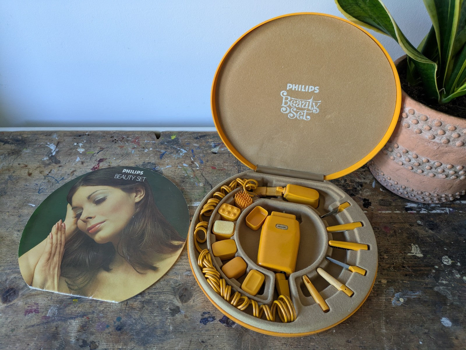 Vintage 70s  80s Prop Phillips Beauty Vanity Set Tool Massage Manicure Orange