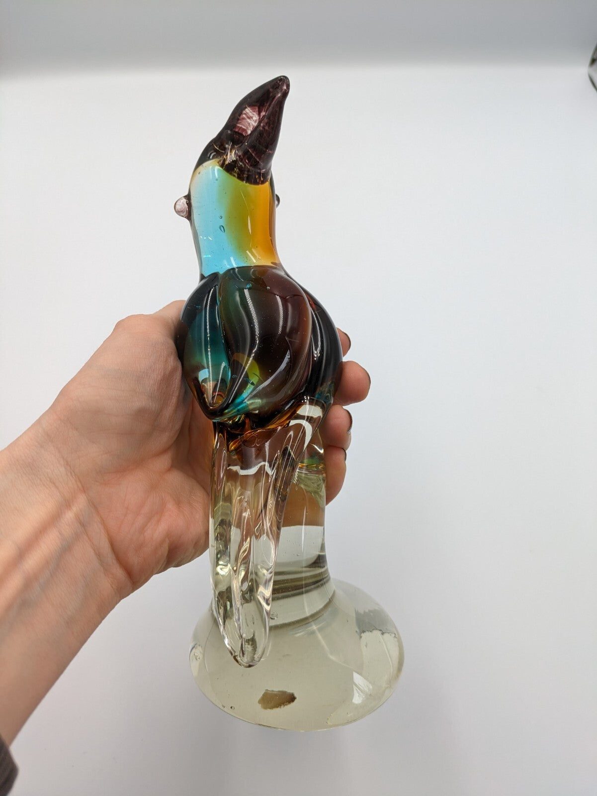Large Murano Style Heavy Art Glass Brown Blue Bird Vtg Parrot Figurine 21.3cmH 
