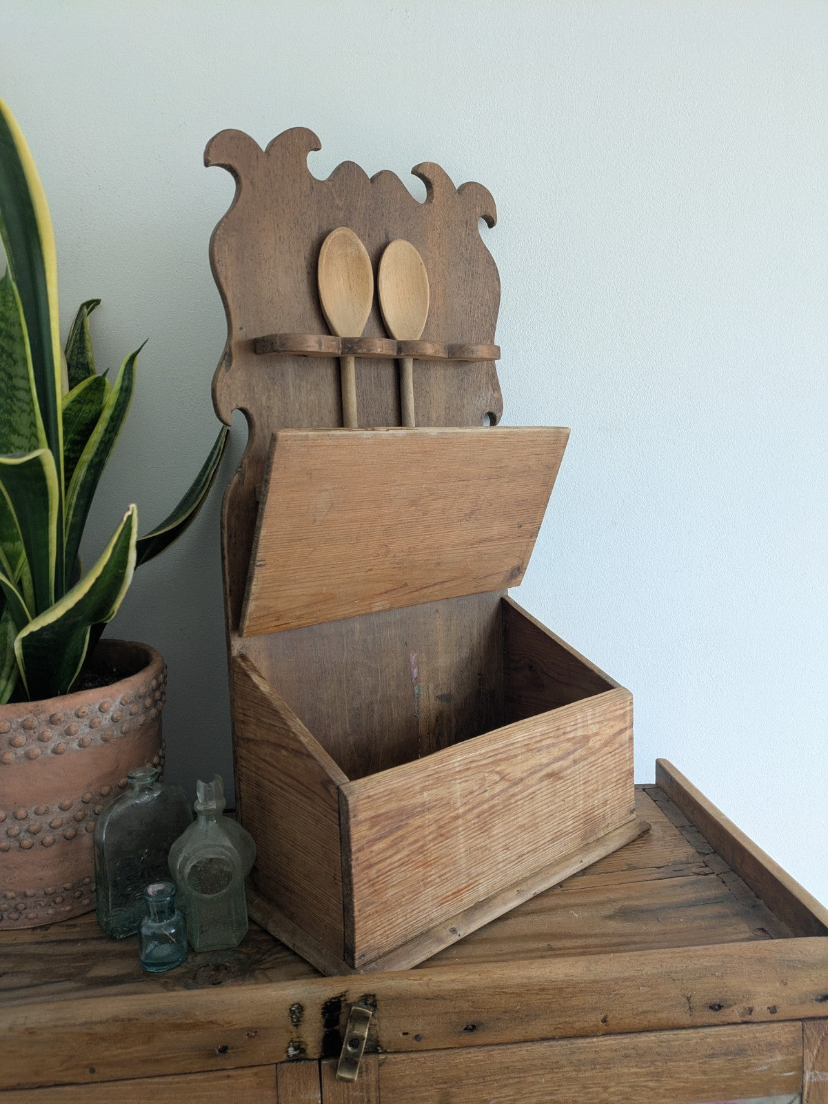 Antique Pine Spoon Rack Kitchen Rack 19th Century Rustic Kitchen Wall Candle Box