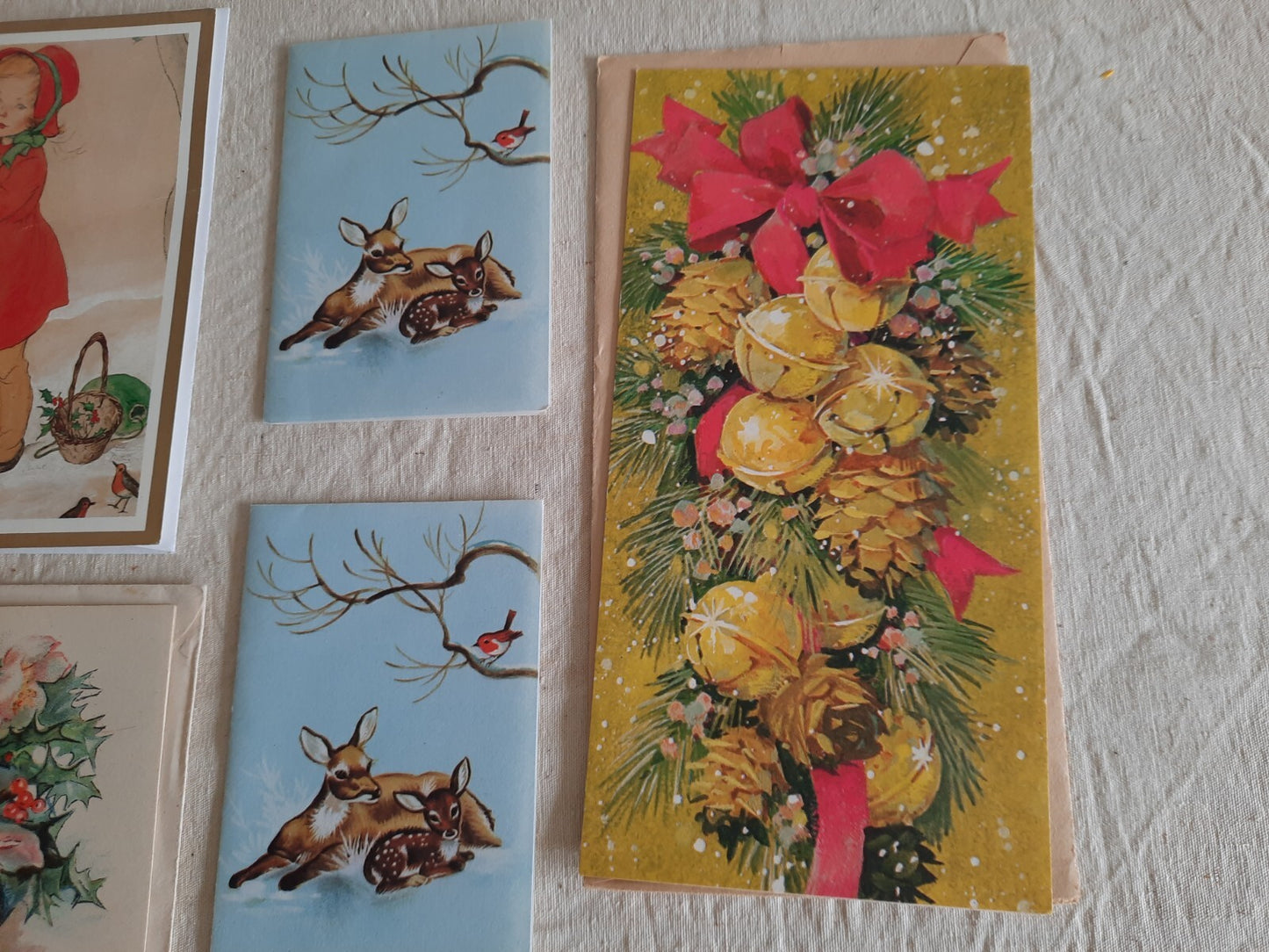 5 original vintage unused Christmas cards 1930s deco bell floral Snow Deer Baird