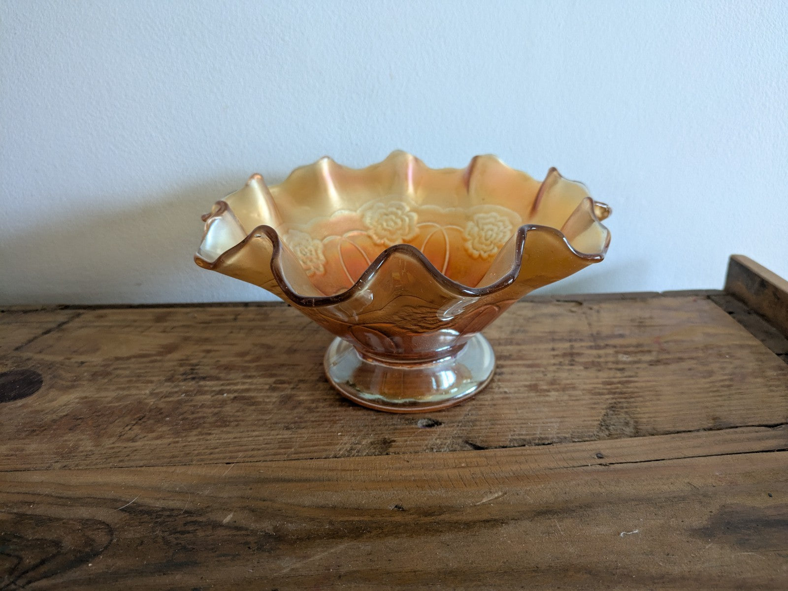 Carnival Glass Bowl Dugan Double Stem Rose Marigold/Peach Opal Iridescent C1917