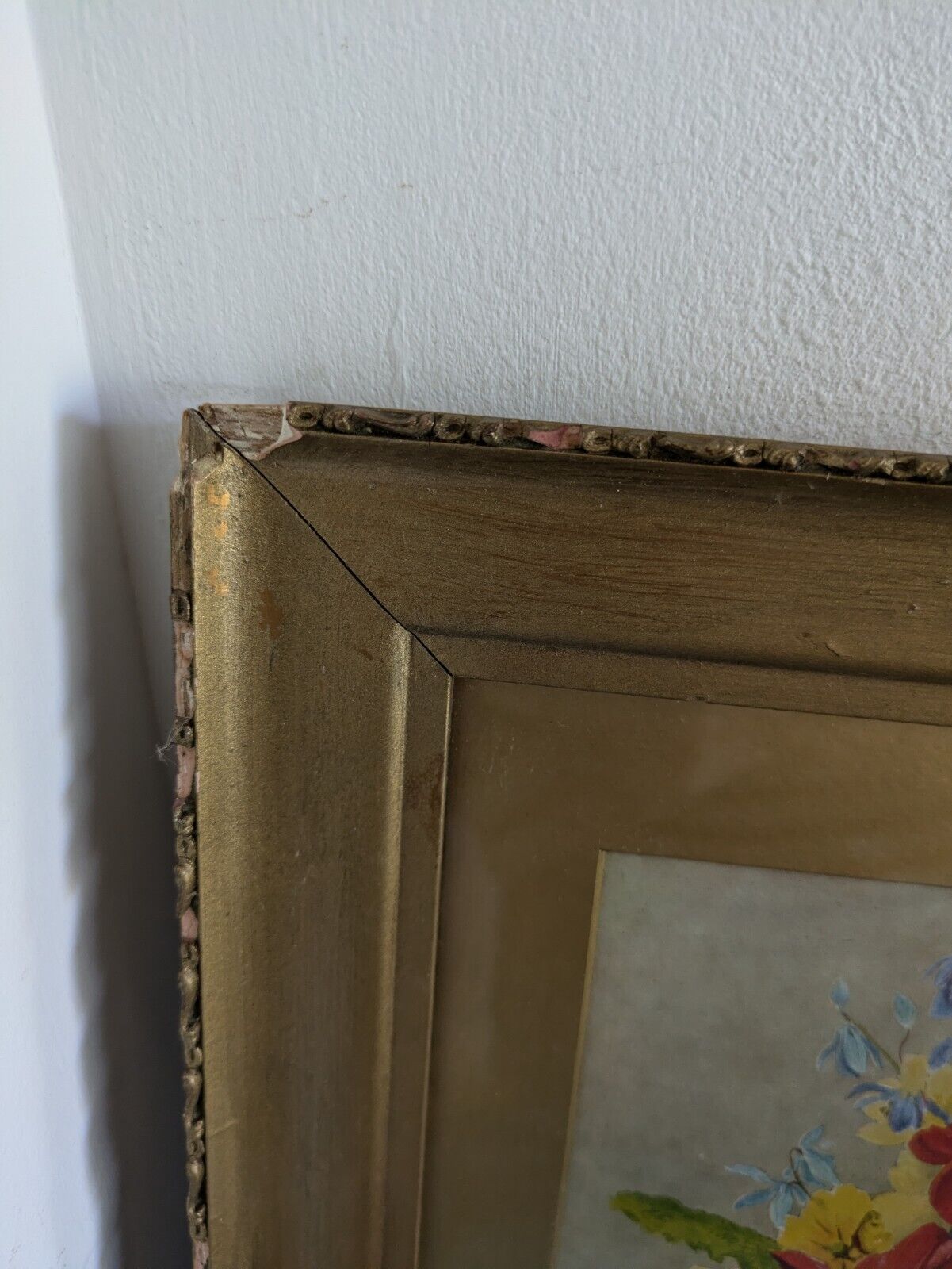 Vintage 30s Antique Gilt Frame floral bouquet PRINT original Landscape Pansies