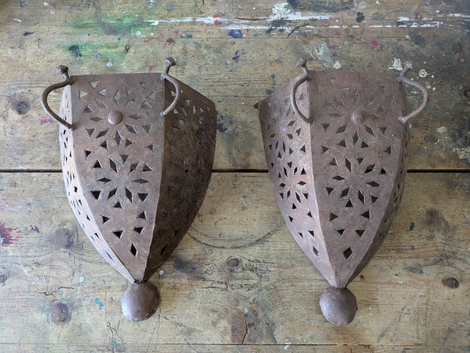 Pair Handmade Pierced Open Iron Moroccan Wall Sconces Lights Candles Lamp Decor