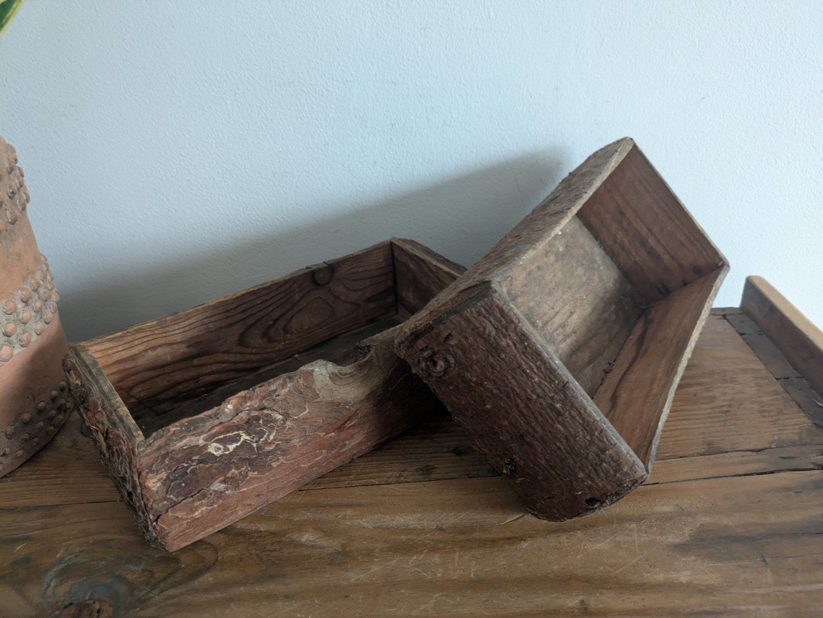 Pair Of Reclaimed Rustic Wood Handmade Box Planter Centerpiece Log Farmhouse Vgc