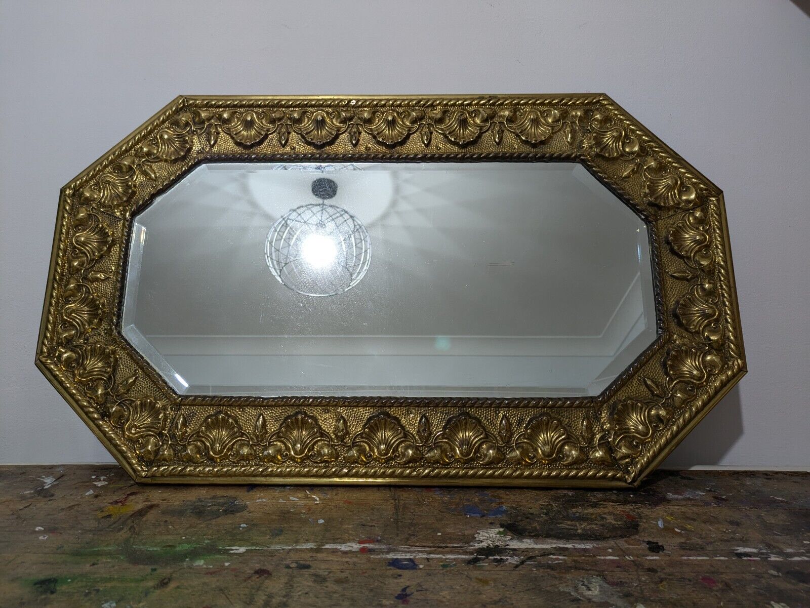 Antique 1920s Bevel Edged Brass Shell Embossed Wall Mirror Vintage Mantle Prop 