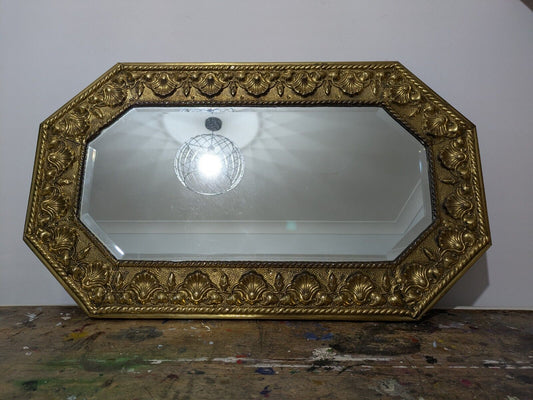 Antique 1920s Bevel Edged Brass Shell Embossed Wall Mirror Vintage Mantle Prop 