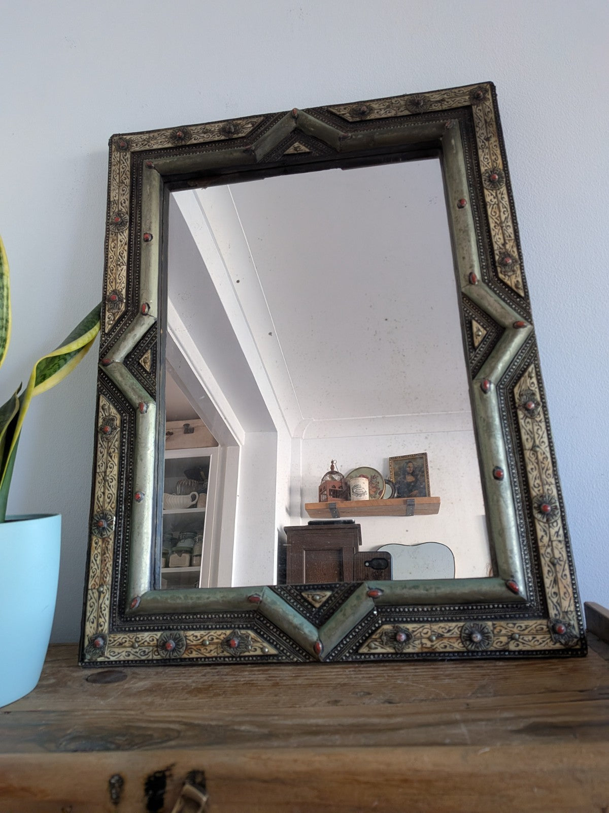 Vintage Ancient Handmade Moroccan Wall Mirror Brass Bone Camel Inlaid Mosaic XL 