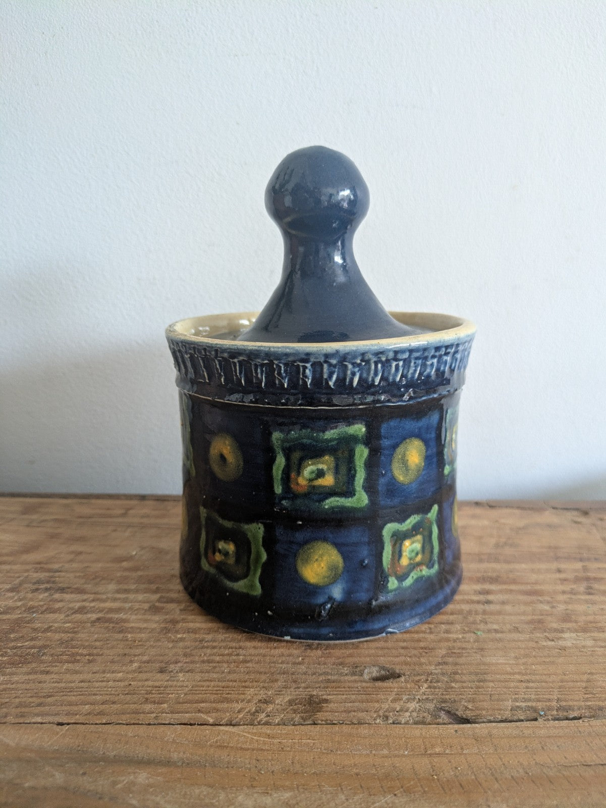 French Saint Jorioz La Poterie d'Annecy Hand Painted Butter Dish Pot Blue Lidded