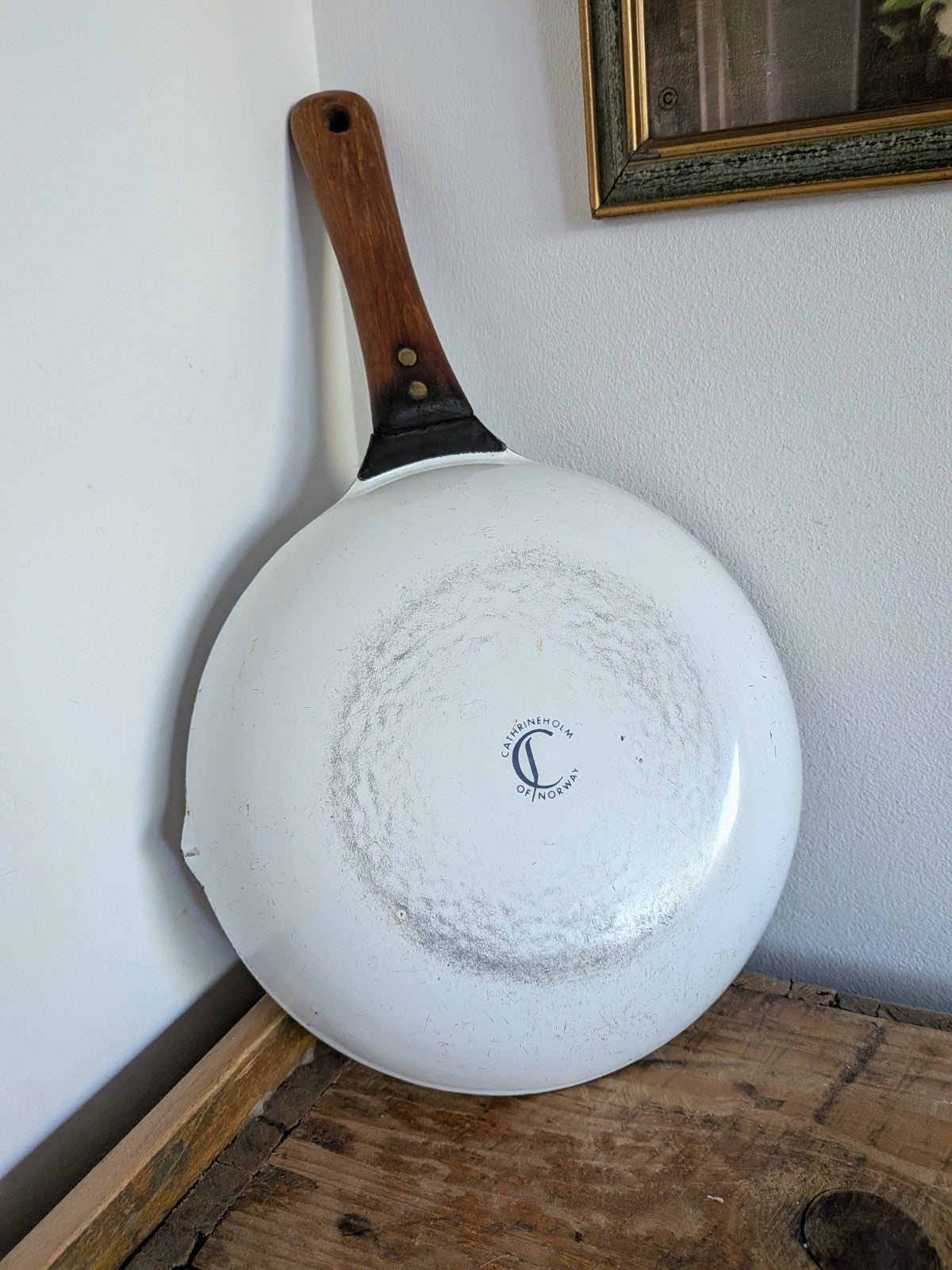 Vintage Retro Cathrineholm Norway Enamel Skillet Pan White Blue Lotus Pattern 