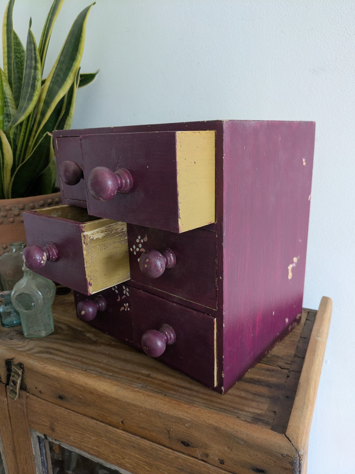 VTG Painted Drawer Office Craft Drawers Table Desk Top Index Work Sewing Purple
