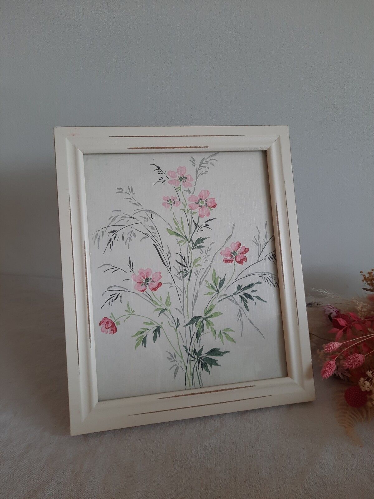 Floral picture Frame Wallpaper Sample gift framed Rare French Vtg Original White