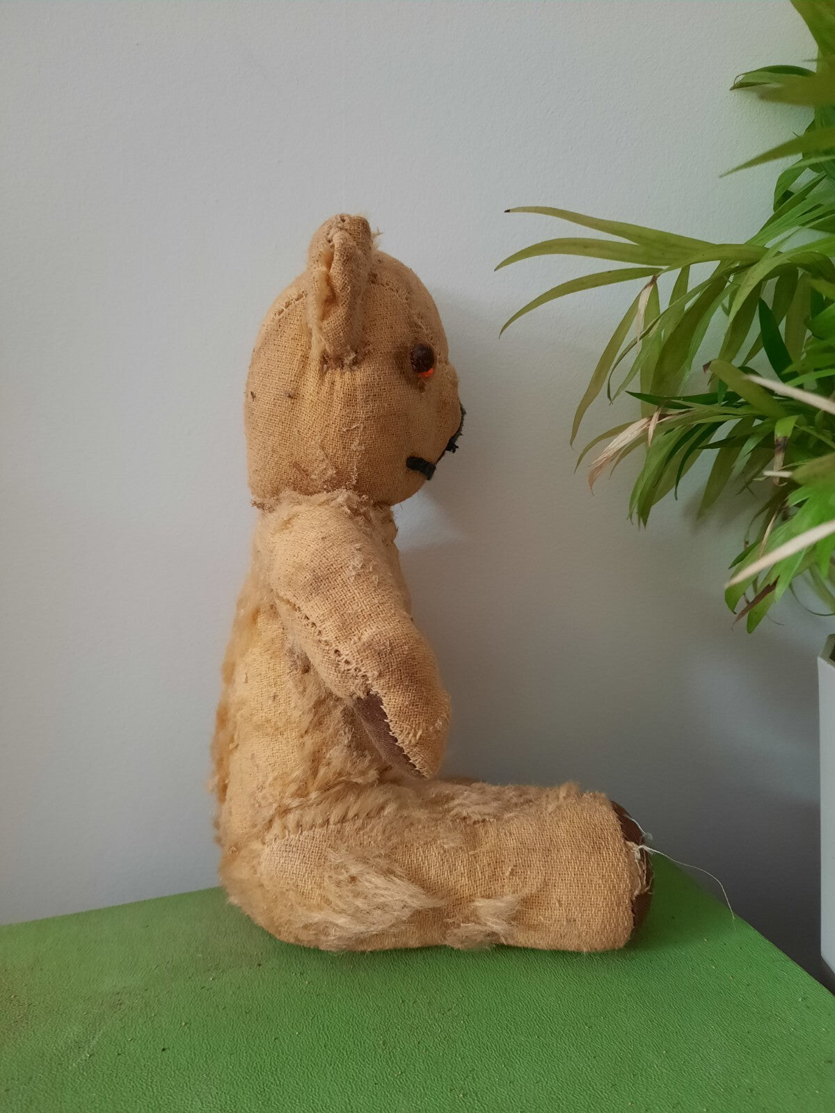 Antique Small Jointed Old Mohair Teddy Bear straw stuffed vintage RARE worn toy!