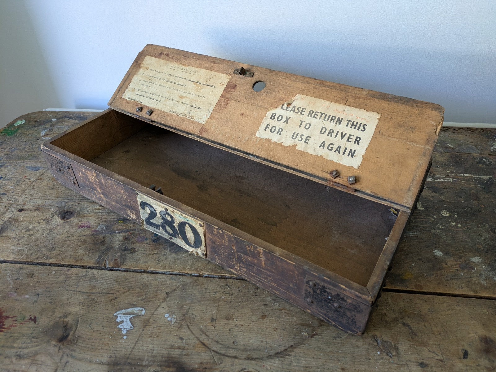 1940s VTG Bus Wooden Box Lid Compartment Storage Crate Display Artist Tool Chest