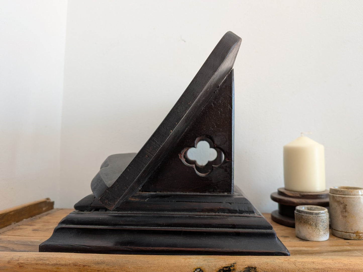 Antique Wood Carved Bible Stand  Lectern Religious Crucifix Book Rest Missal Vtg