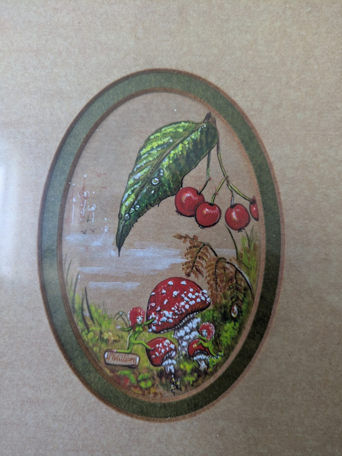 Vintage Watercolour Painting Mushroom Toadstool Pixies Signed Framed 1983 Folk