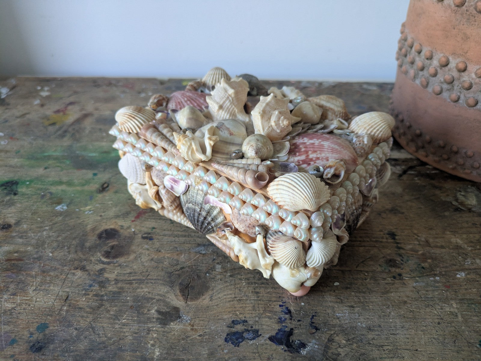 Vintage Seashell Encrusted Trinket Jewelry Box Genuine Retro Lined Wooden Hinged